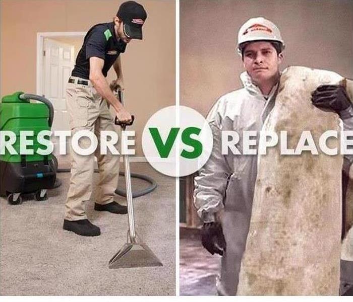 2 images side by side. one has a carpeting being cleaned, the other a carpet being thrown out