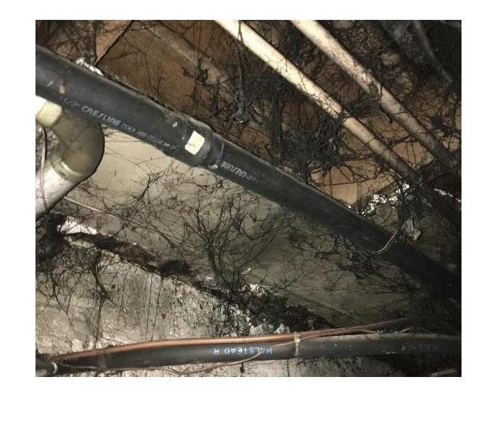 black cobwebs around pipes of a basement ceiling